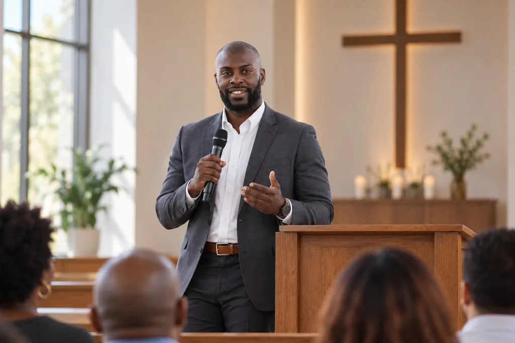 Robert holding a microphone beside a church lectern, illustrative AI scene.