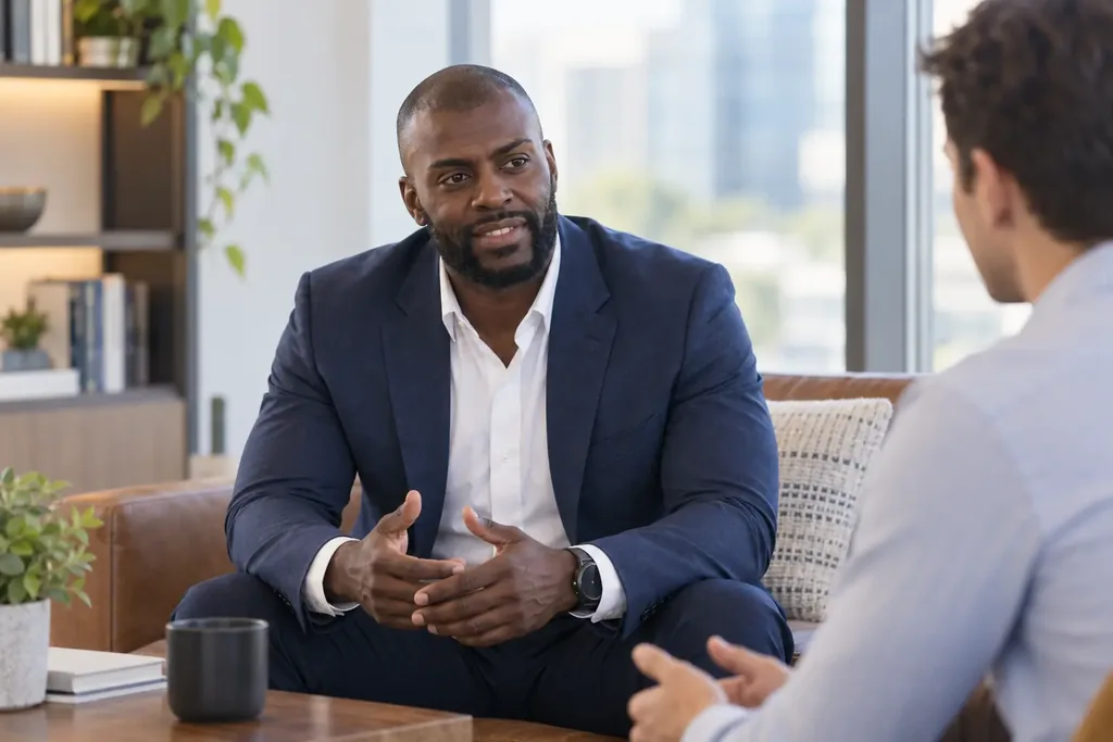 Robert in a one-to-one mentoring conversation, illustrative AI scene.