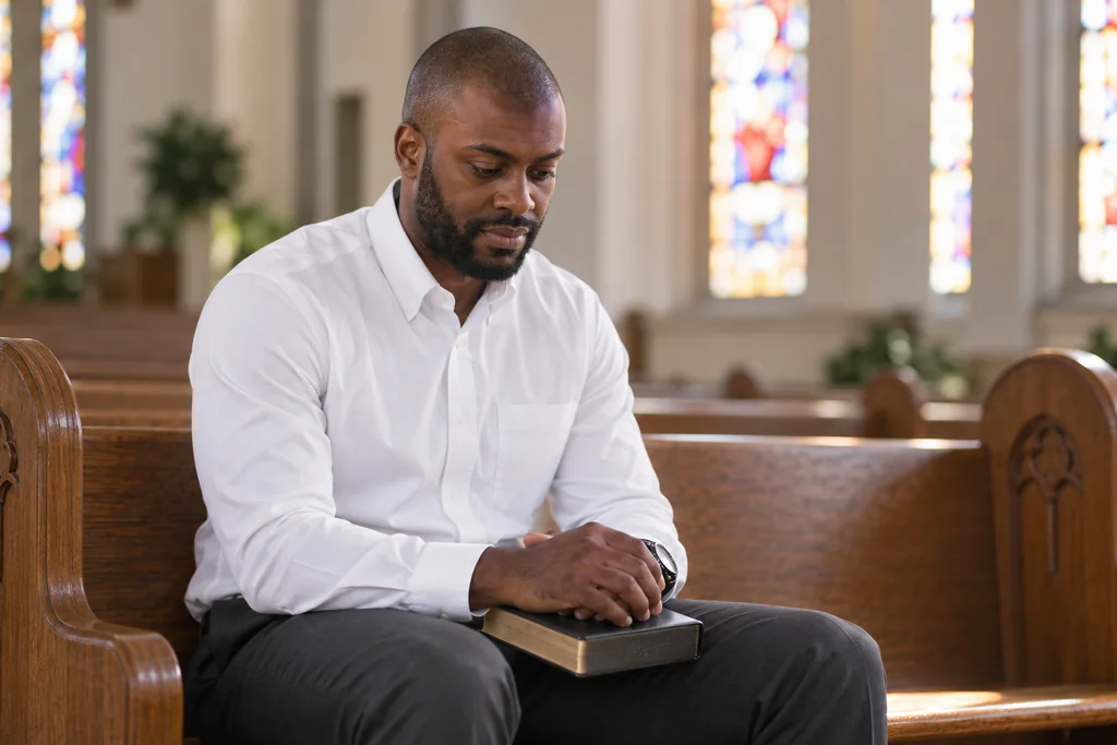 Robert reflecting quietly in a church pew, illustrative AI scene.