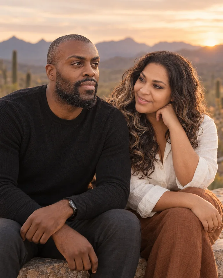Robert and Denise sitting together at an Arizona desert overlook, an AI-created illustrative portrait.