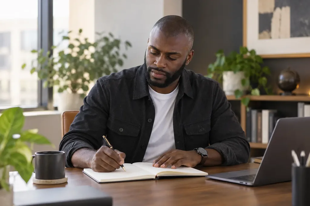 Robert writing at a studio desk, illustrative AI scene.