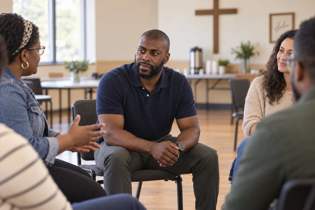 Robert listening in a community circle, illustrative AI scene.