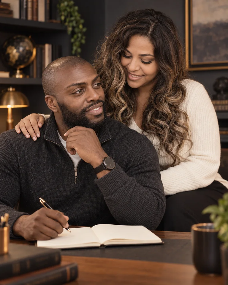 Denise beside Robert as he writes in a notebook, an AI-created illustrative portrait.