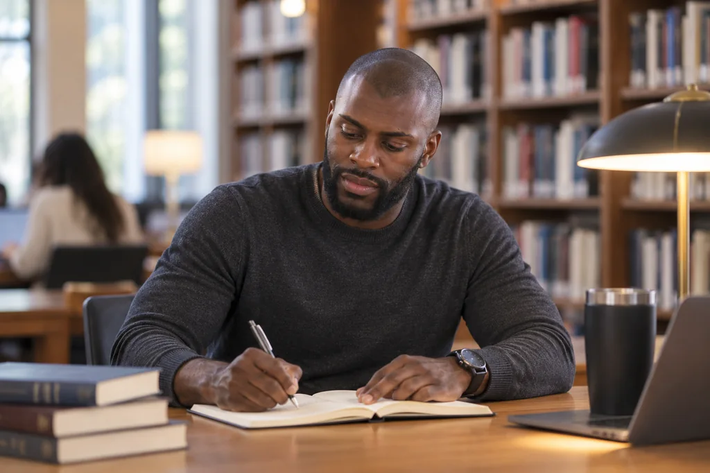 Robert writing in a library, illustrative AI scene.