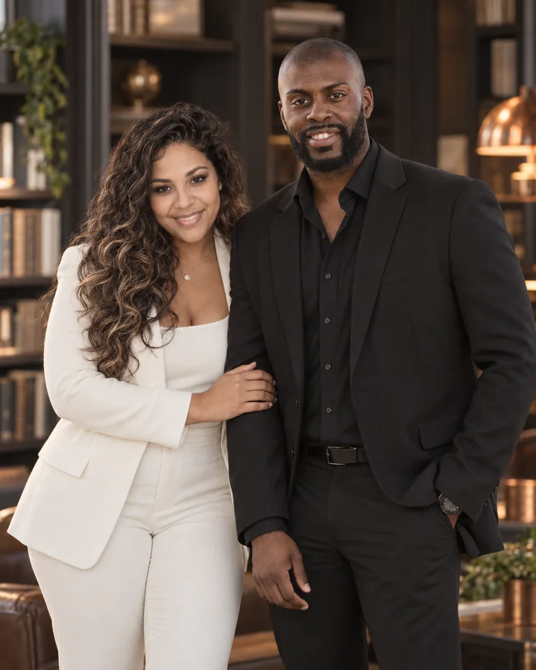 Robert and Denise standing close together in a study, an AI-created illustrative portrait.
