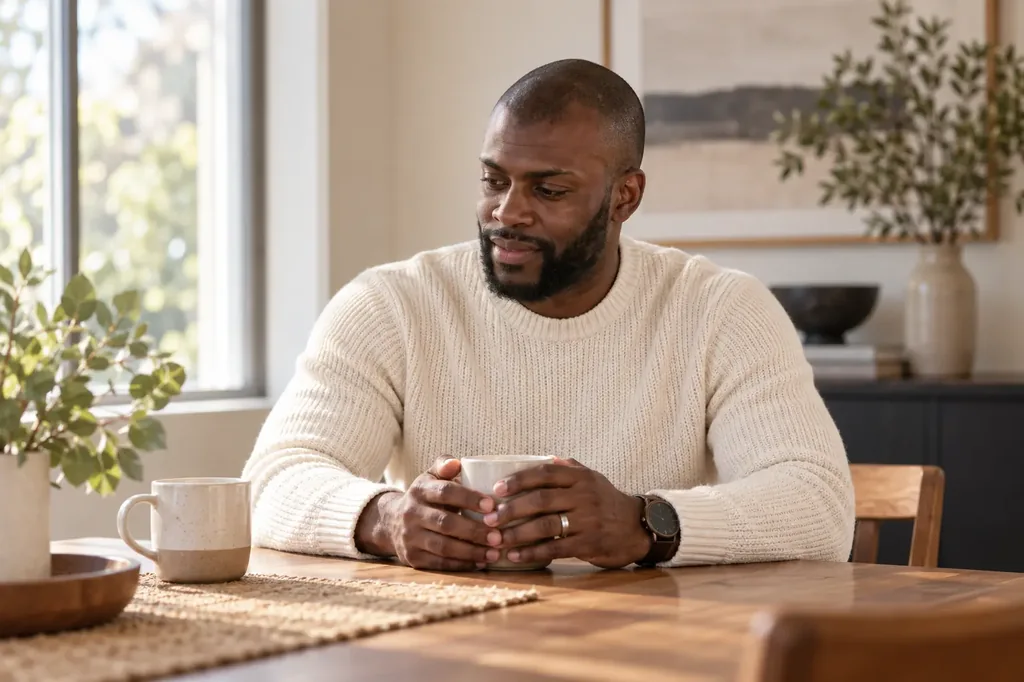 Robert listening over coffee at home, illustrative AI scene.