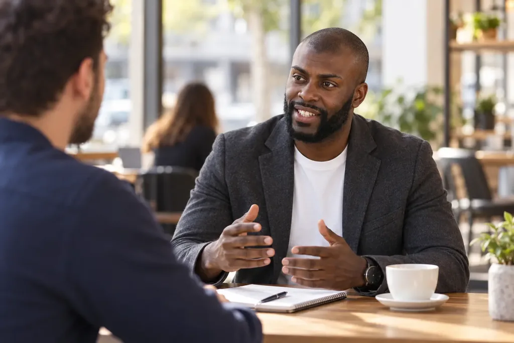Robert discussing ideas across a café table, illustrative AI scene.