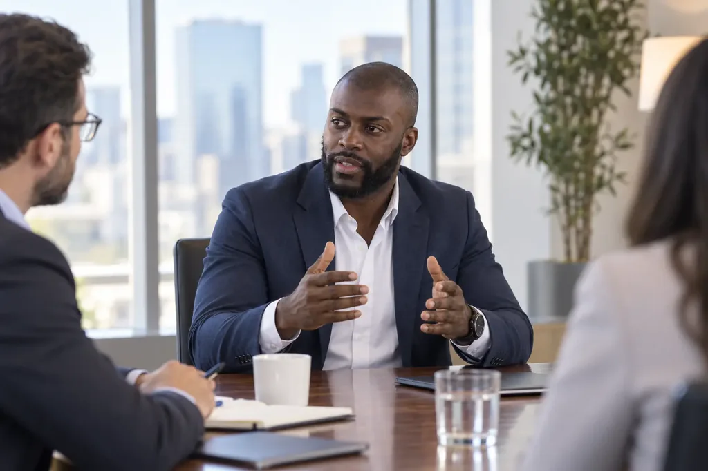 Robert in a boardroom conversation, illustrative AI scene.